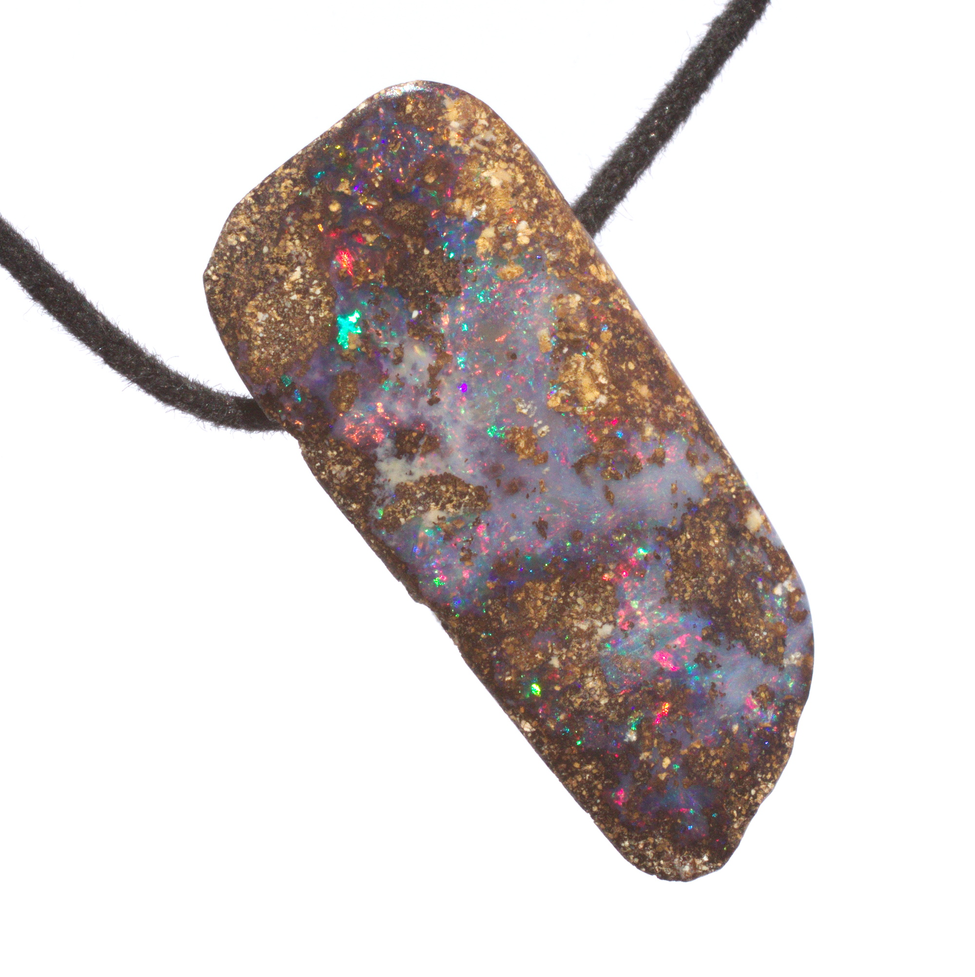 Bräunlicher Boulderopal mit vielen Farben, seitlich gebohrt mit Lederband Bräunlicher Boulderopal mit vielen Farben, seitlich gebohrt mit Lederband