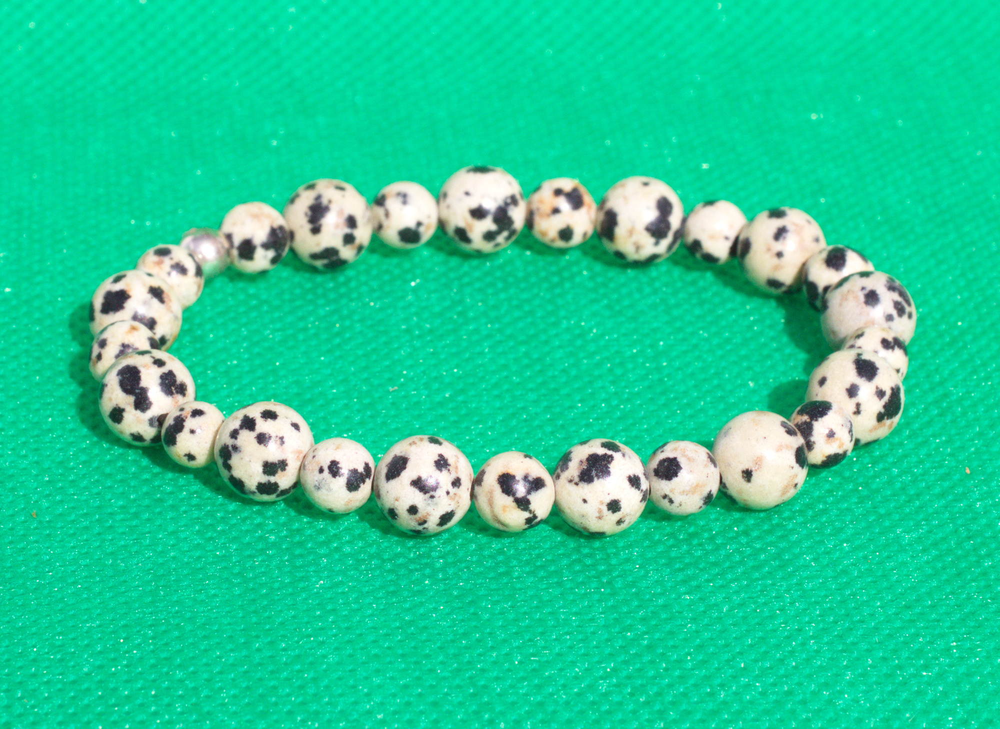 Dalmatiner Stein Armband auf Elastikfaden aufgezogen